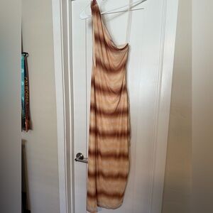 Elegant Striped Tan and Brown Dress one shoulder